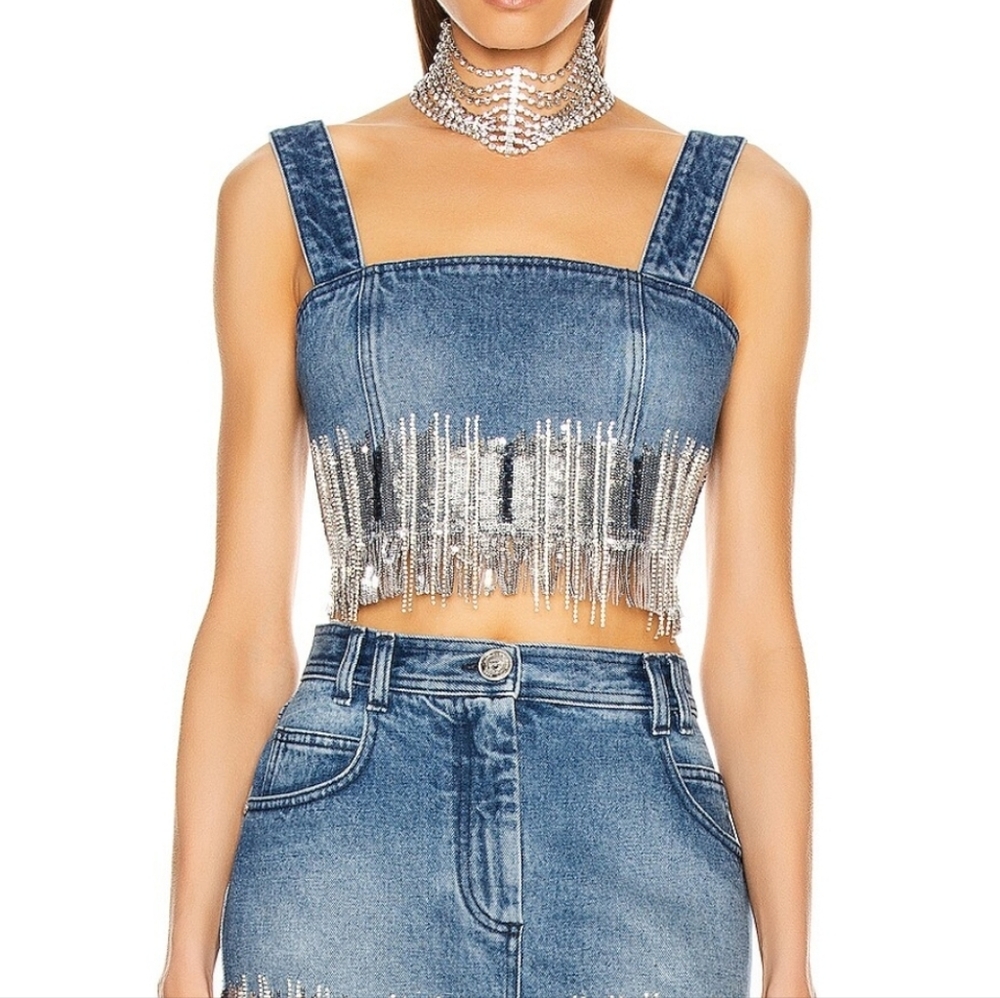 Balmain Blue Denim Crop Top with Silver Fringe